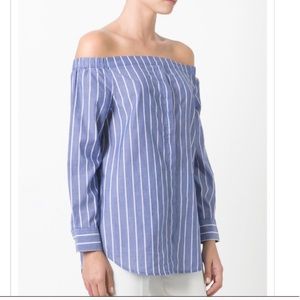 Re-Poshing this Rhapsody Blue and White Off-Shoulder top. Striped Button Down